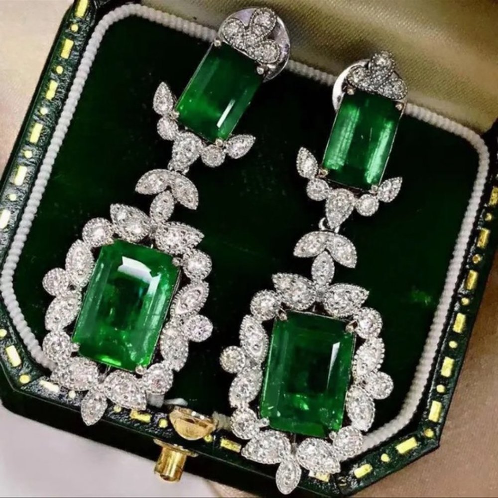 New Silver with Imitation Emerald Drop Earrings